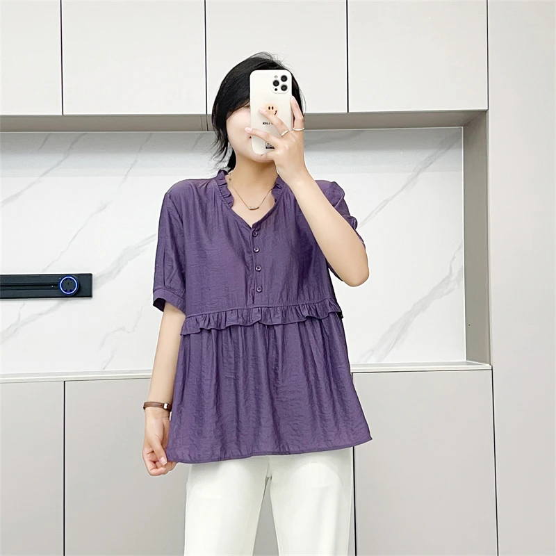 Or Sve – haut ample en soie pour femmes, ample, décontracté, taille haute, grande taille, détail de boutons, rond, couleur Pure, été