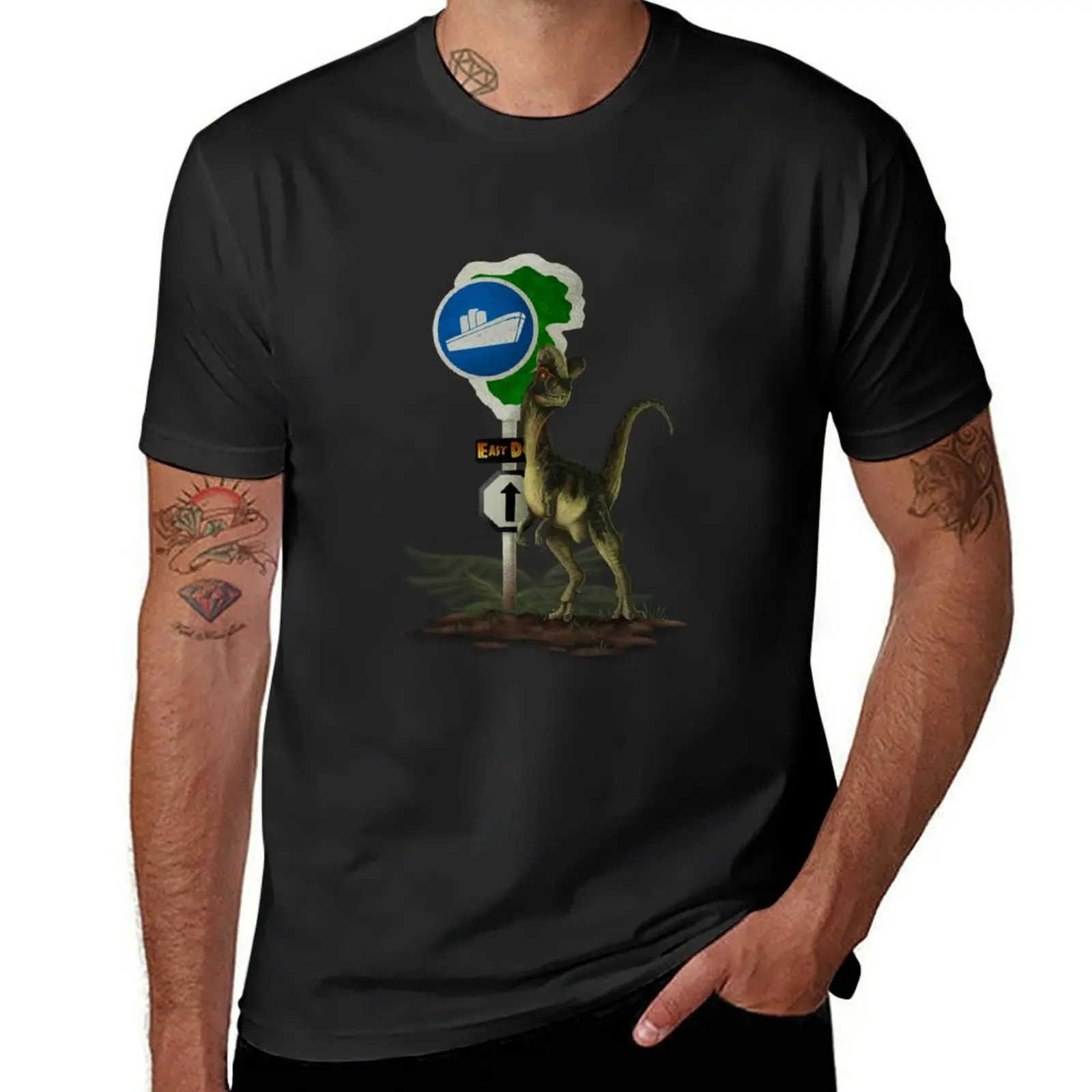 Camiseta gráfica Dilophosaurus masculina, camiseta East Dock, roupa hippie, grande e alta