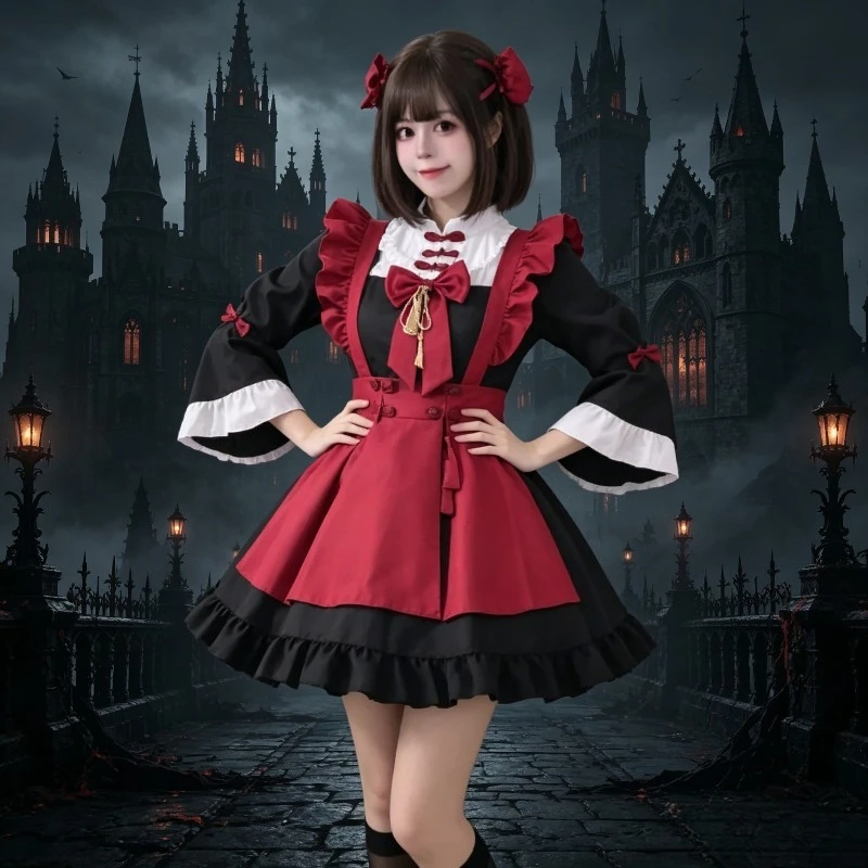 

Women Chinese Style Lolita Maid Dress Red Black Bow Tassel Cosplay Costume for Halloween Party Anime Convention