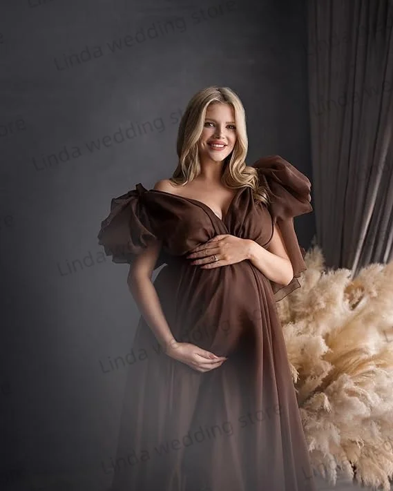 Vestido de maternidad de gasa Chocolate para fotografía, bata para sesión de fotos de embarazada con hombros descubiertos, vestidos para fotos, Baby Shower personalizado