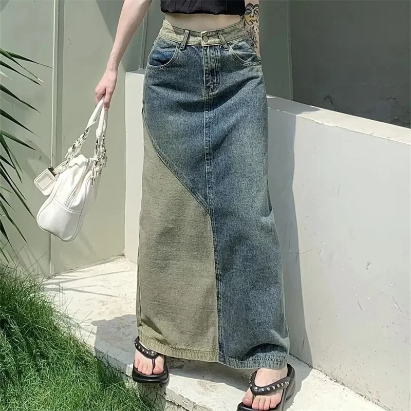 

Корейская женская элитная ковбойская юбка, осенняя женская лоскутная джинсовая юбка с высокой талией, макси-юбка, женские джинсовые юбки большого размера 5XL типа A