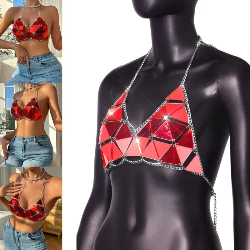 

Women Sequins Glitter Tops Neck Backless Chain Halter Crop Top Party Blouses Clubwear