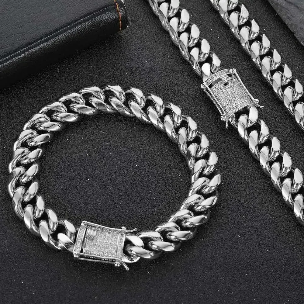 

GOLD JEWELRY Mens HipHop Gold Silver Plated Stainless Steel Thick Miami Cuban Link Chain Bracelet Necklace Wholesale