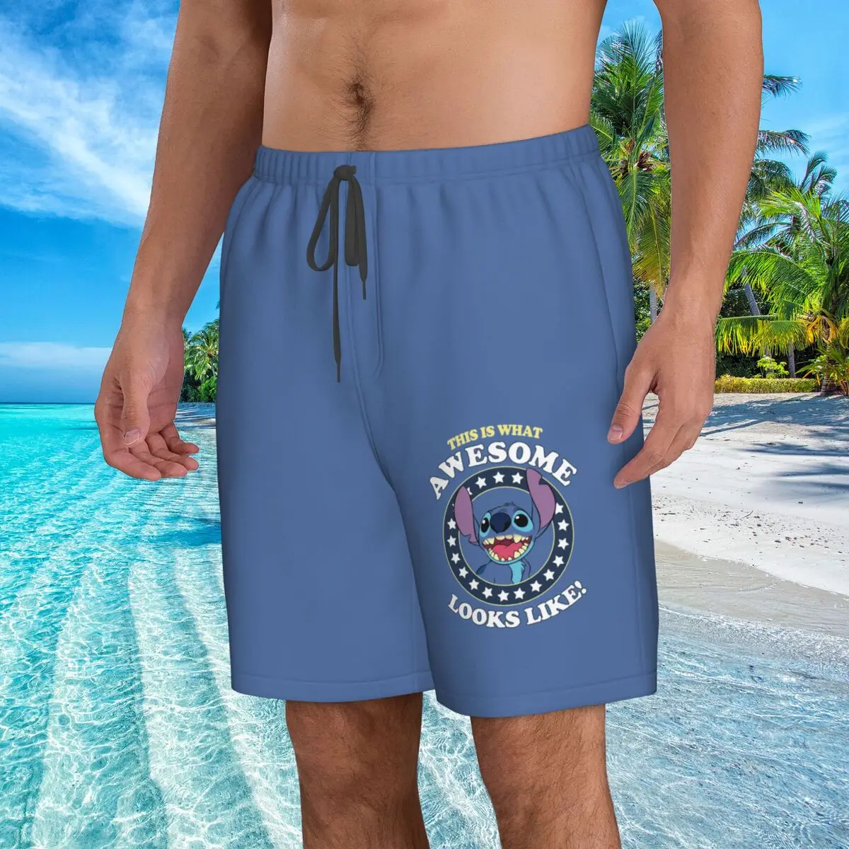 Awesome Stitch Kawaii Men's Swim Trunks Quick Dry Swimming Board Shorts Mesh Lining Beach Swimwear