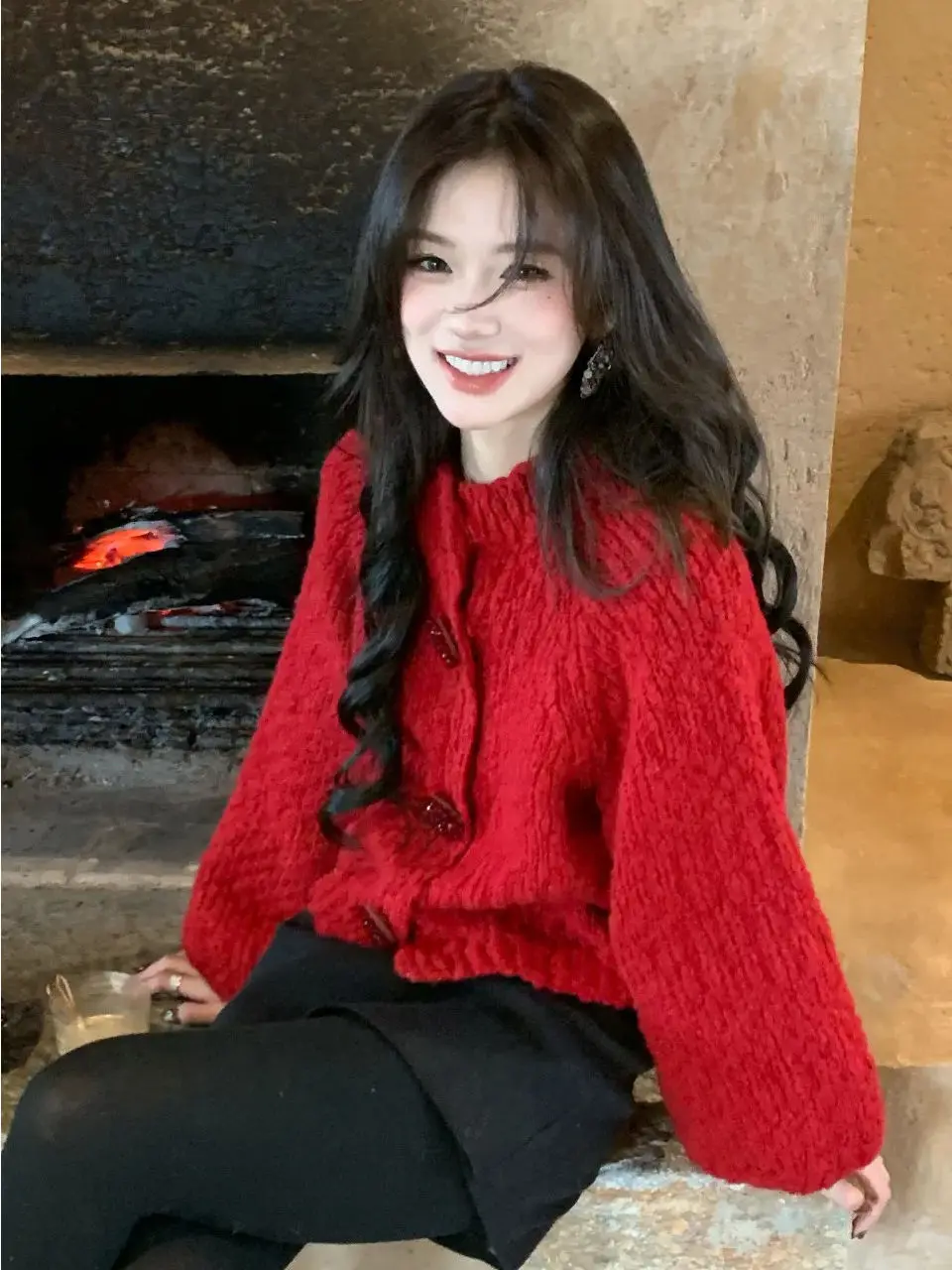 

Вязаный кардиган Cisas Sle Red для женщин: осенне-зимний, уютный, премиум-класса, новогодний, с открытым передом