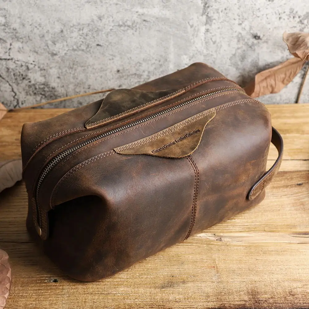 Trousse de toilette en cuir véritable pour hommes et femmes, sac à main de voyage, sac de rangement pour maquillage, pocommuniste en cuir, grand sac