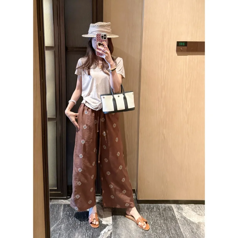 

Ele Ancient Sle Floral Pants Gentle Casual Design Summer Faionable Versatile Women's High Waist Straight Leg Trousers