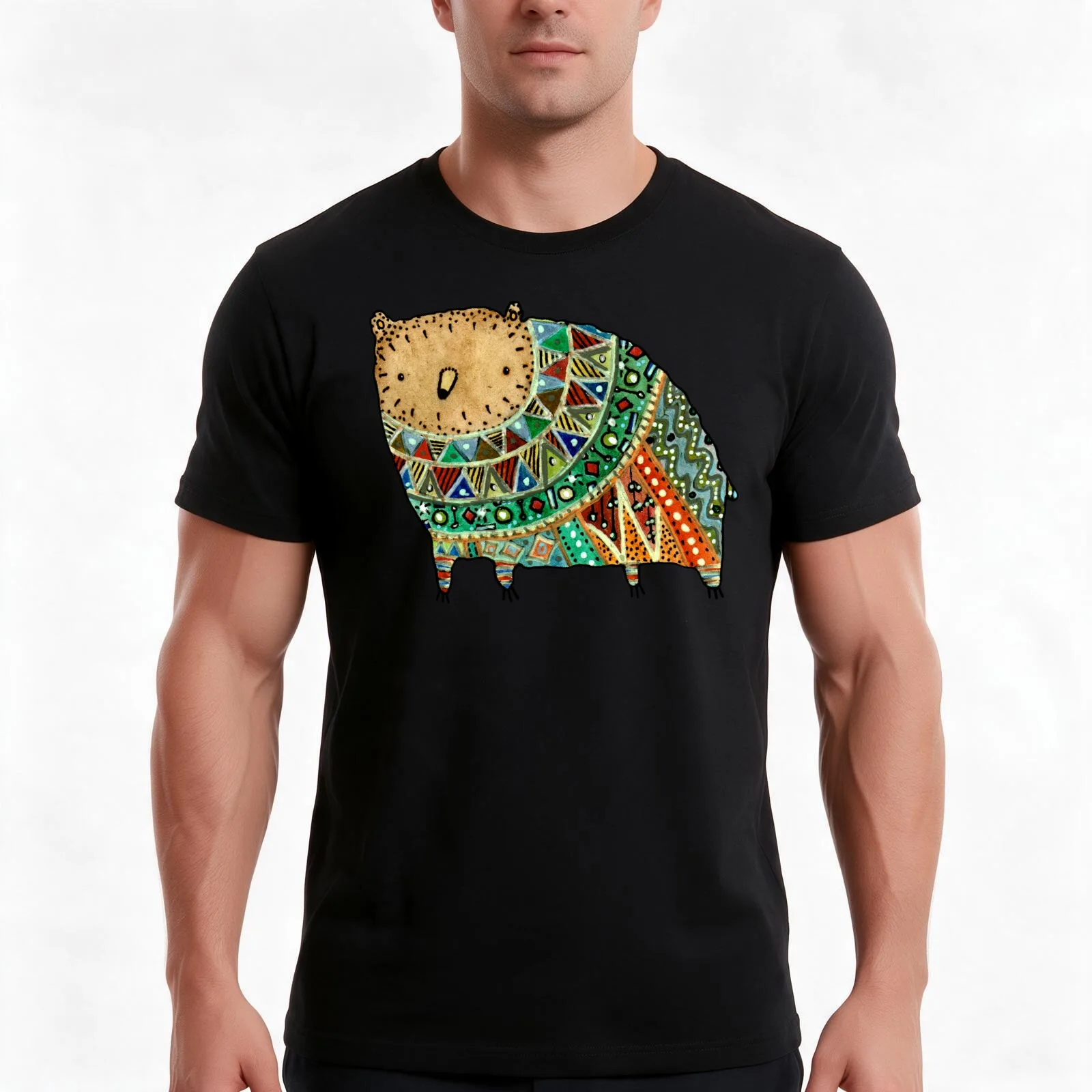 Aztec Bear T-Shirt, Summer Casual Cotton Tee, Oversized Streetwear Tops, Vintage Graphic Print, Loose Fit Short Sleeve