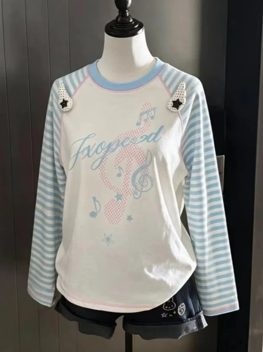 Y2k Aesthetic Angel Wings Stripe Long Sleeve T-shirt Cutecore Kawaii Letter Print Harajuku Vintage Oversize Casual Women Top Tee