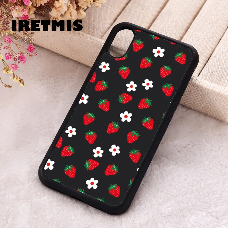 

Iretmis Phone Cover Case For iPhone X XS Max XR 11 12 13 PRO MINI 14 15 16 Plus Rubber Silicone Strawberry & Flower Pattern