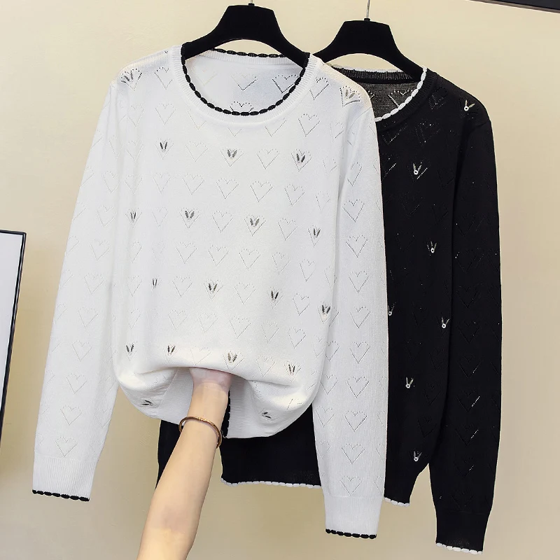 Knitted Sweater split Hollow Out Sweaters Women 2024 Autumn Winter Clothes Long Sleeve Top Embroidery Pullover Pull Femme