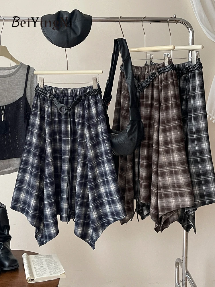 

Beiyingni женская юбка осень-зима винтажная клетчатая корейская нерегулярная плиссированная юбка женская уличная юбка до середины икры с поясом для отдыха