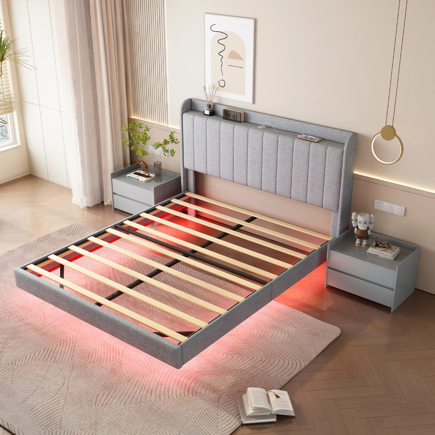 

Floating Bed Frame Wood Platform with Remote Control LED Lights APP Queen Size-Light Grey