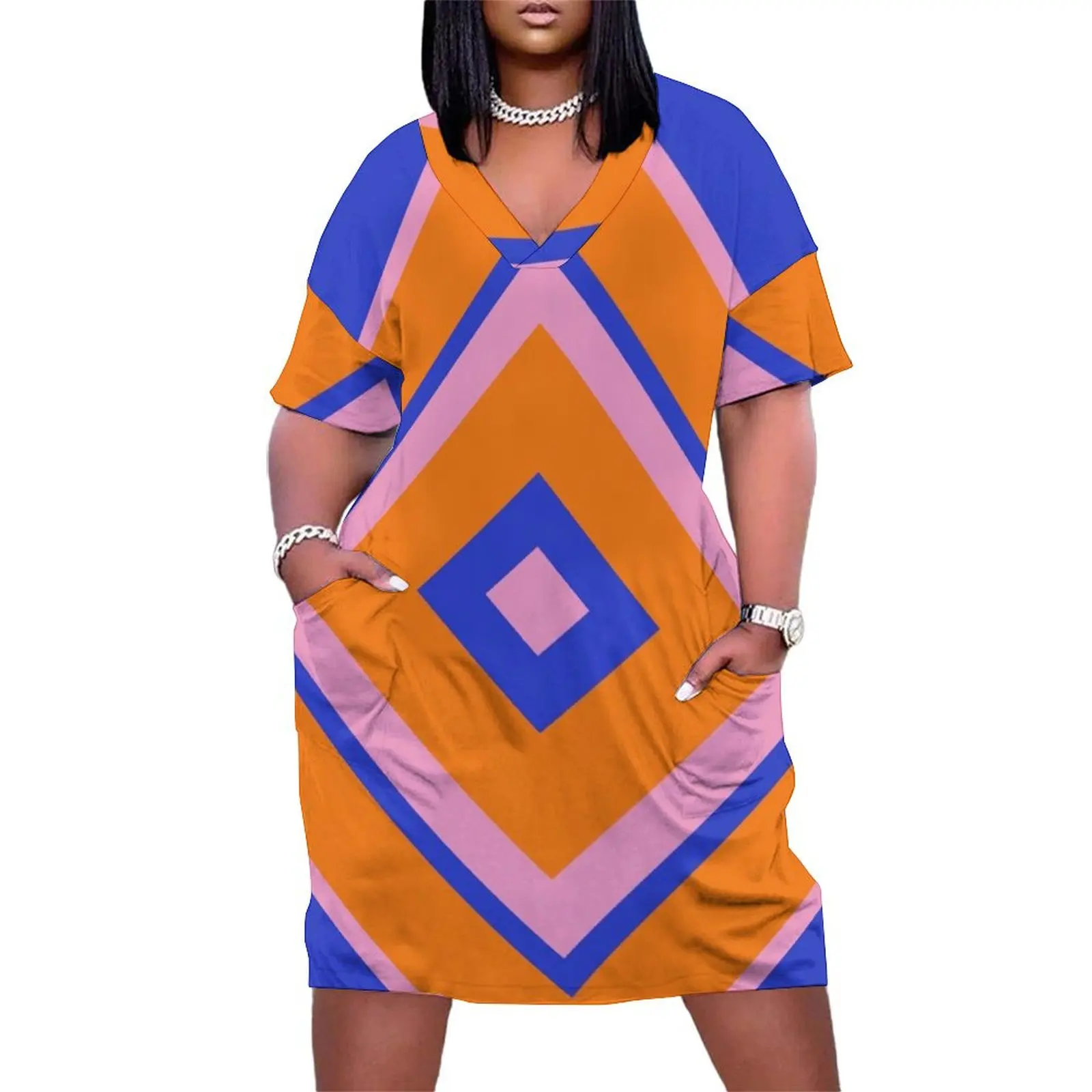 

60s Orange Square Loose Pocket Dress women dress evening dresses ladies Long dresses