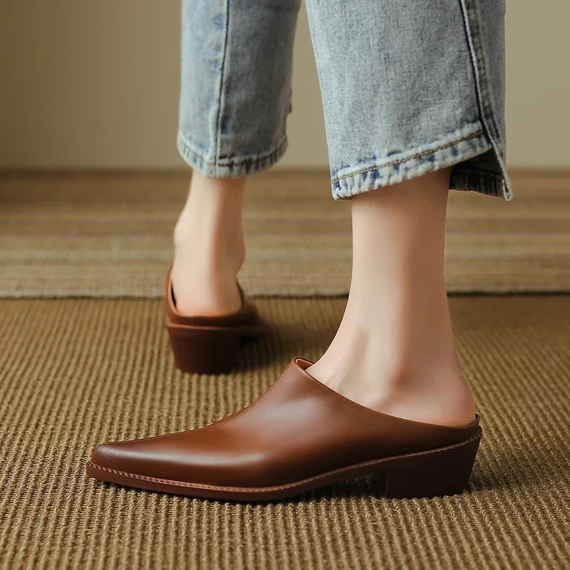 2023 New Ladies Genuine Leather Mules Fashion High Heel Chunky Heels Summer Slippers Women Casual Office Black Brown Shoes Woman