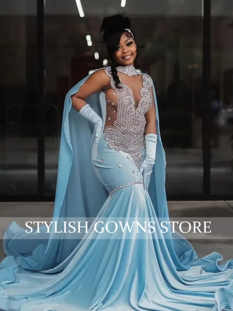 Sky Blue Dresses 2025 สําหรับสาวสีดําคริสตัลลูกปัดค็อกเทลGownsถุงมือเซ็กซี่Sparklyชุดราตรีที่กําหนดเอง