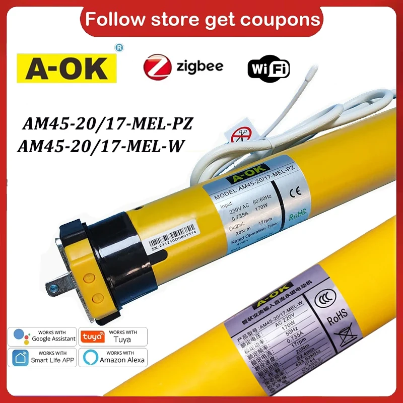

A-OK AM45 20/17 Smart Rolling Tubular Motor Tuya Wifi/Zigbee,RF433 for 50/55/63/70/85mm Tube Rolling Blinds/Lifting System