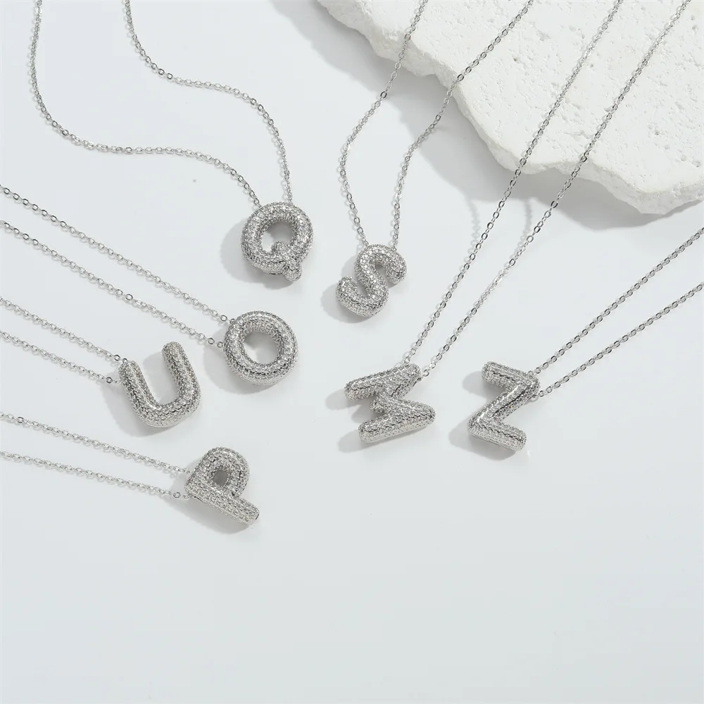 A-Z English Initial Letter Necklace Bubble Letter Cubic Zircon Paved Necklace for Women view 3