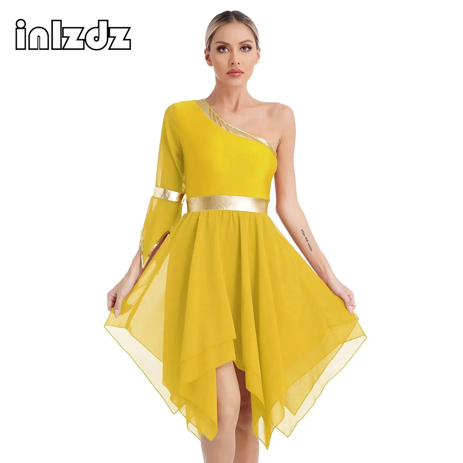 

Womens Patchwork Praise Dance Dress One Shoulder Sequin Trim Flare Sleeve Irregular Hem Liturgical Dresses for Stage Performance