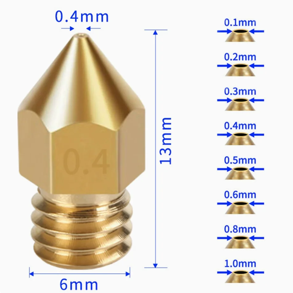 Universal M6 Brass Nozzle 0.4mm for 1.75mm Filament 3D Printer, Precision Extrusion Nozzle