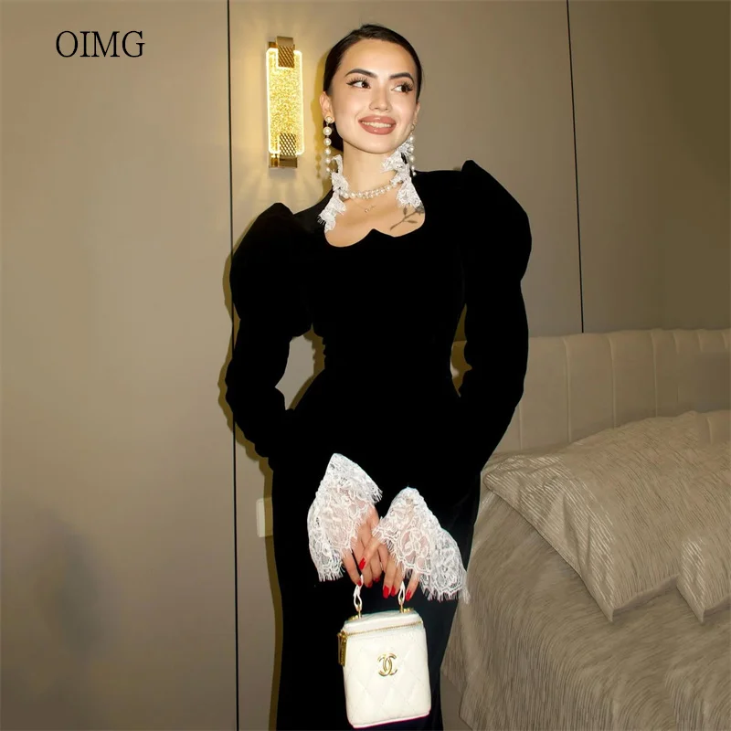 

OIMG Black Lace Neck Mermaid Prom Gowns Long Sleeves Party Gown Ankle Length Evening Dress vestidos de festa Customized