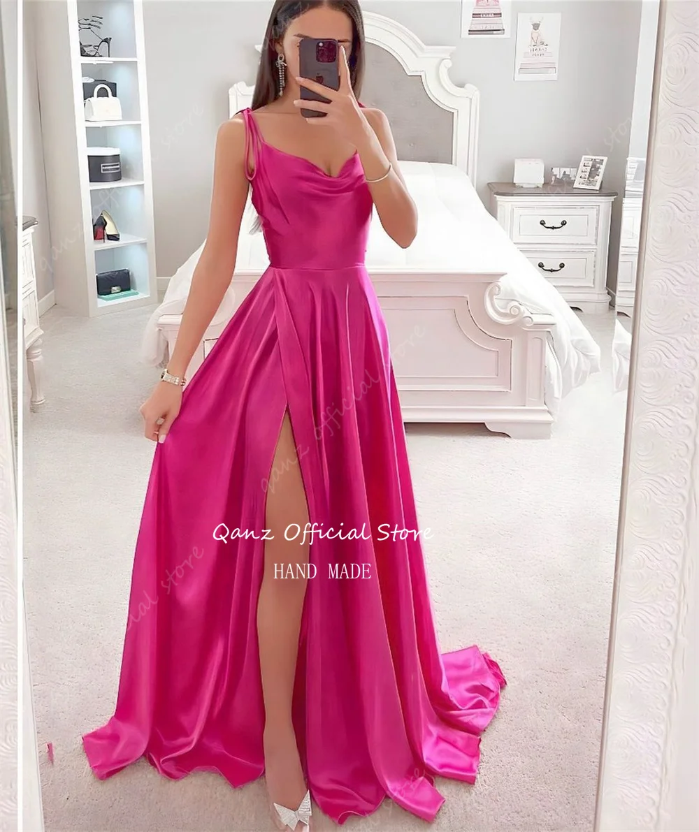 Qanz Red Modern Prom Dresses Mermaid Satin High Slit Evening Gown Spaghetti Straps Robe De Soirée Chic Et élégante Customized