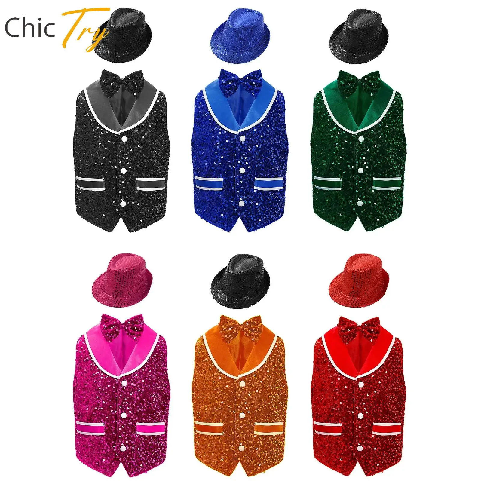 

Kids Street Dancing Set Hip Hop Jazz Dance Performance Costume Halloween Carnival Party Clothes Sequins Waistcoat+Bowtie+Hat Set