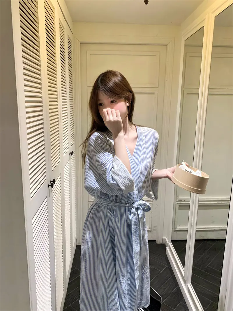 Blue Striped Nightgown, Women's Spring and Summer Long Sleeved Loose and Simple Casual Morning Gown, Home Wear, Nightgown image 5
