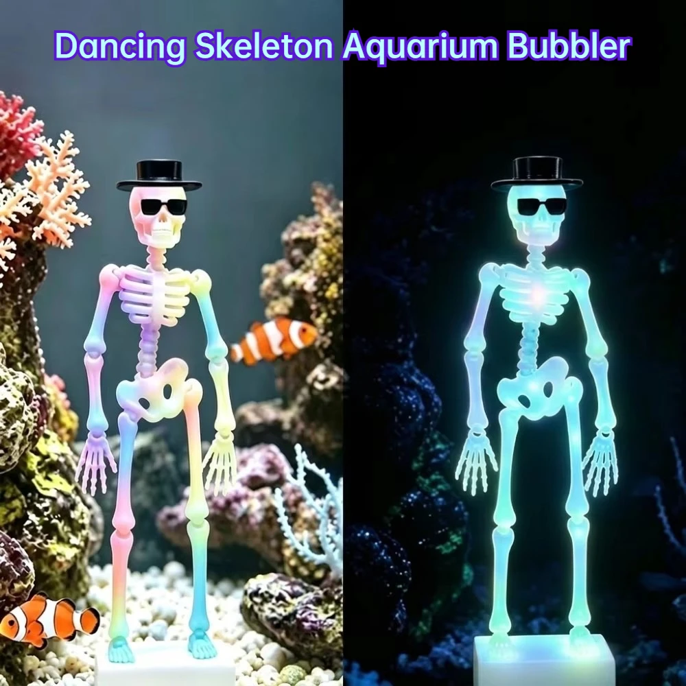 Nouveau Souffleur d'air dynamique pour aquarium, squelette dansant imprimé en 3D, en plastique, avec chapeau et lunettes de soleil, style gothique