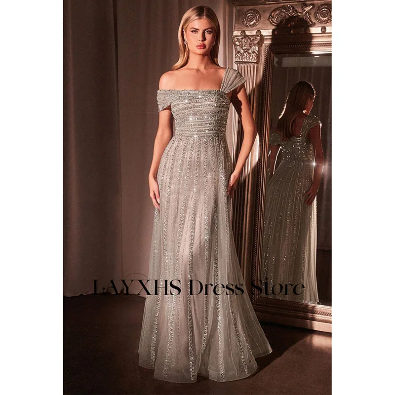 LAYXHS Brokatowe Sukienki Wieczorowe na Jedno Ramię Damskie Linia A Cekiny Koronka Plisy Bez Pleców Sukienki na Imprezę Bal Studniówkowy Szyte na Miarę فساتين سهرة