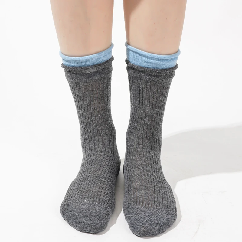 Women\'s Socks New Simple Solid Color Breathable Fake Two Pieces Fashoin Cotton Socks Striped Comfortable Autumn Middle Tube Sock