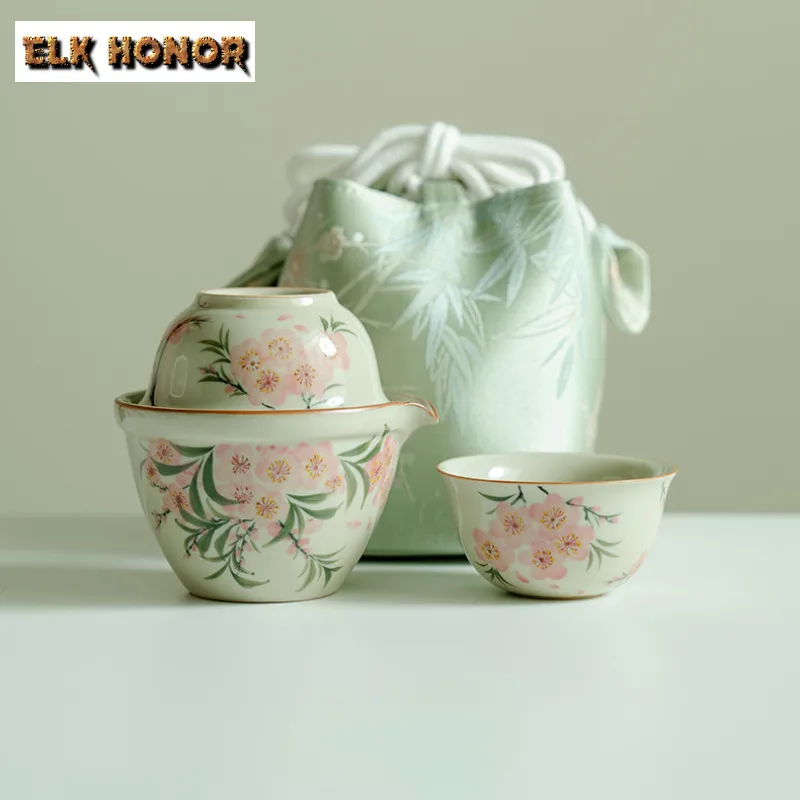 

Hand-painted Peach Blossom Travel Tea Set Kit Boutique 1 Pot 2 Cups Tea Maker Organizer Portable Picnic Stock Bags Collection