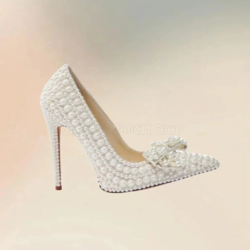 

White Pearl Bow Knot Shallow Pointed Toe Pumps Slip On Women Shoes Thin High Heels Fashion Party Dating 2025 Zapatos Para Mujere