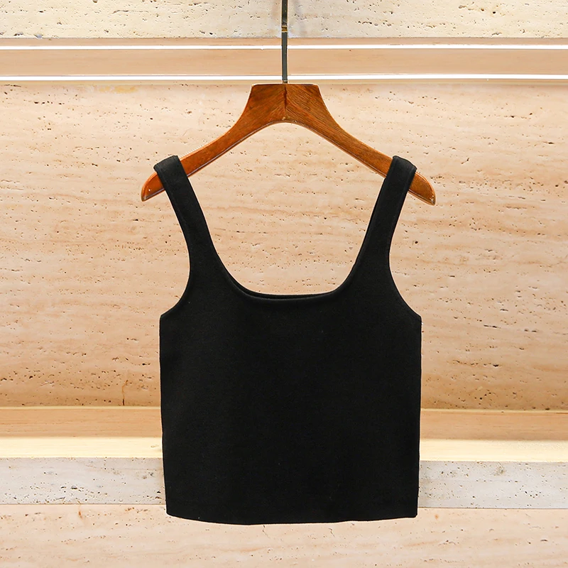 Early spring new simple all-in-one solid color U-collar strap short knitted top