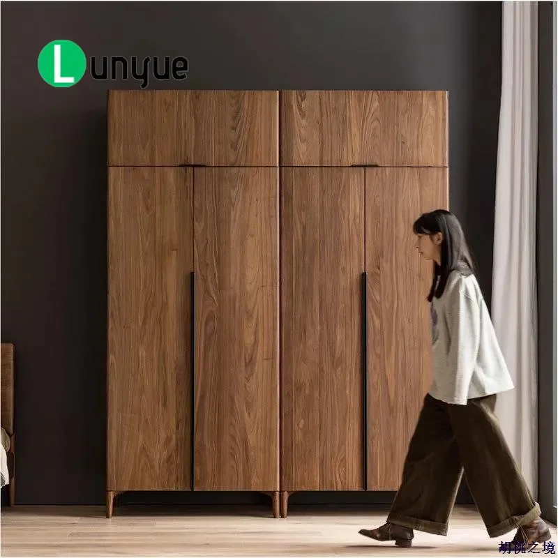 Nordic Simple Black Walnut Solid Wood Wardrobe Italian Modern Bedroom Multi Functional Clothes Hats Storage Cabinet Coat Rack