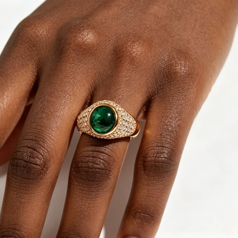 

Luxury Oval Emerald Green CZ Signet Ring for Women Gold Plated Full Pave Crystal Statement Wedding Band Vintage Fine JewelryGift