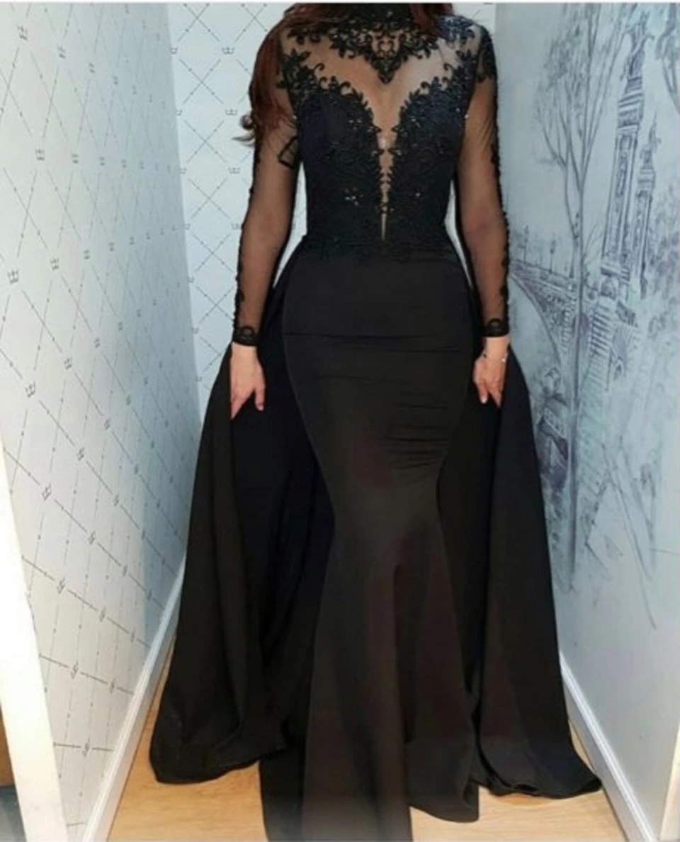 Preto sereia vestidos de noite 2022 elegante feminino festa formal noite sexy alta pescoço rendas apliques ilusão cetim longo vestidos formatura