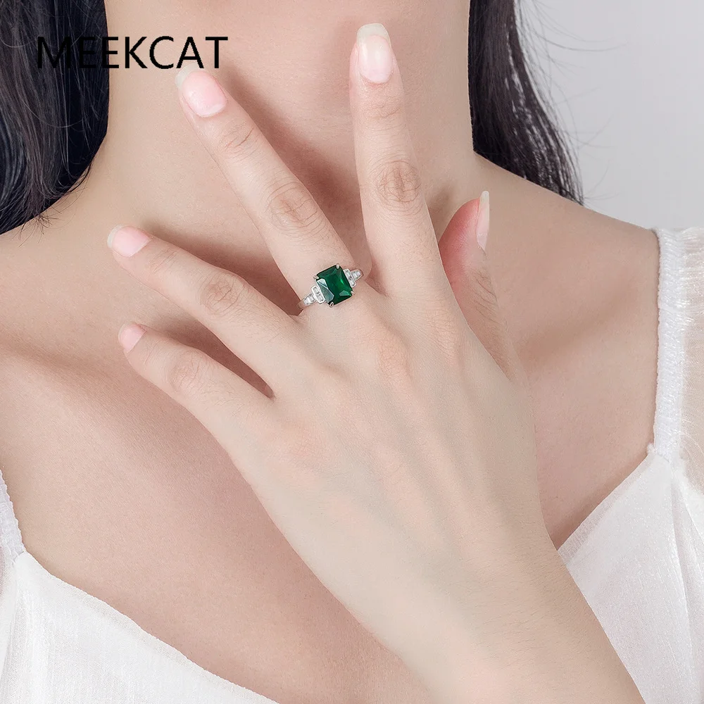 Green Simulated Nano Emerald Geometric Adjustable Ring 925 Sterling Silver Gemstone Solitaire Engagement Ring Jewelry for Women
