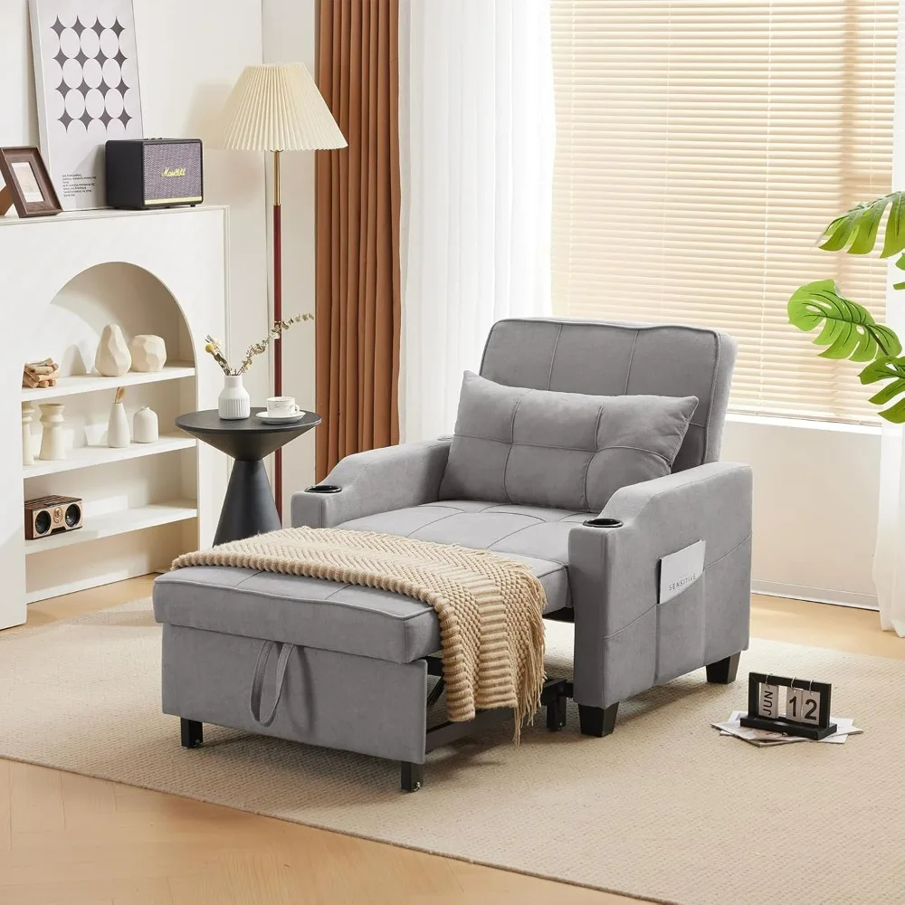 Convertible Sleeper Chair 3in1 Sofa Bed Light Gray, Pull Out Couch Sleeper Sofa Recliner with USB Ports,Cup Holders,Side Pockets