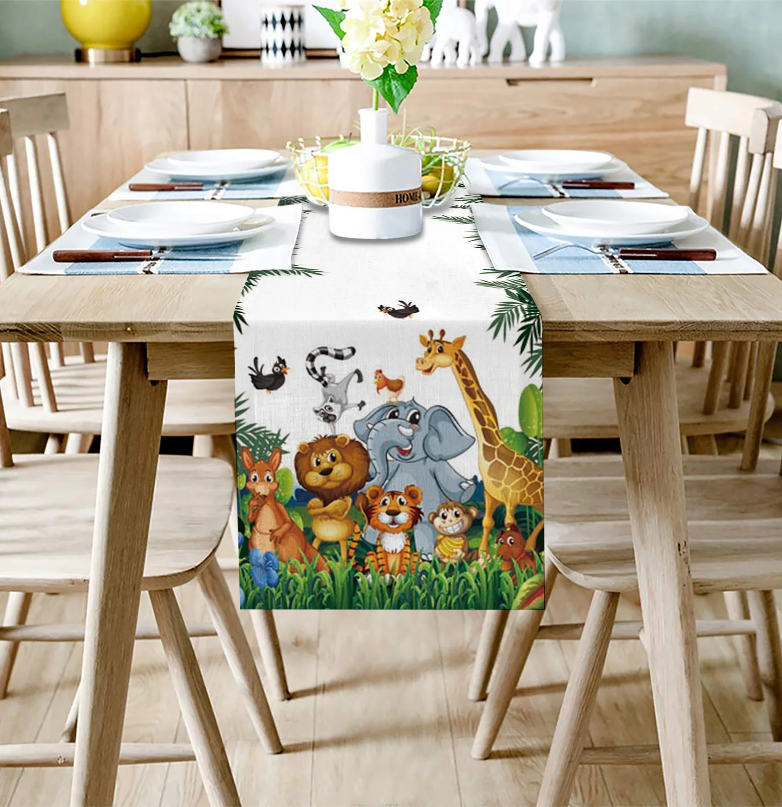 Cartoon Forest Monkey Lion Table Runner Decoration Home Decor Dinner Table Decoration Table Runners Tassel