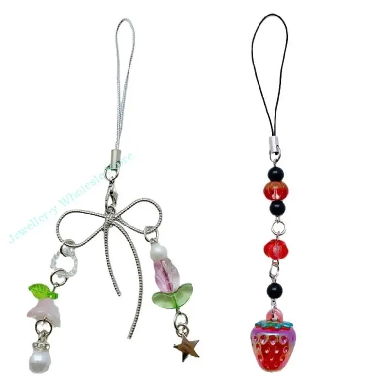 

R7UF Multipurpose Beaded Star Bowknot Phone Charm Pendant Fashionable Keychain Jewelry Accessory for Daily Decoration