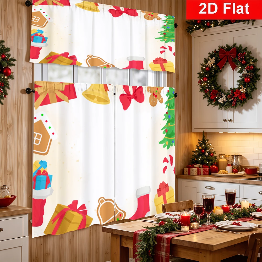 Christmas Kitchen Curtains, Gift Box Bell Corner, Digital Print, Kitchen Dining Room, Rod Pocket Polyester, Home Decor