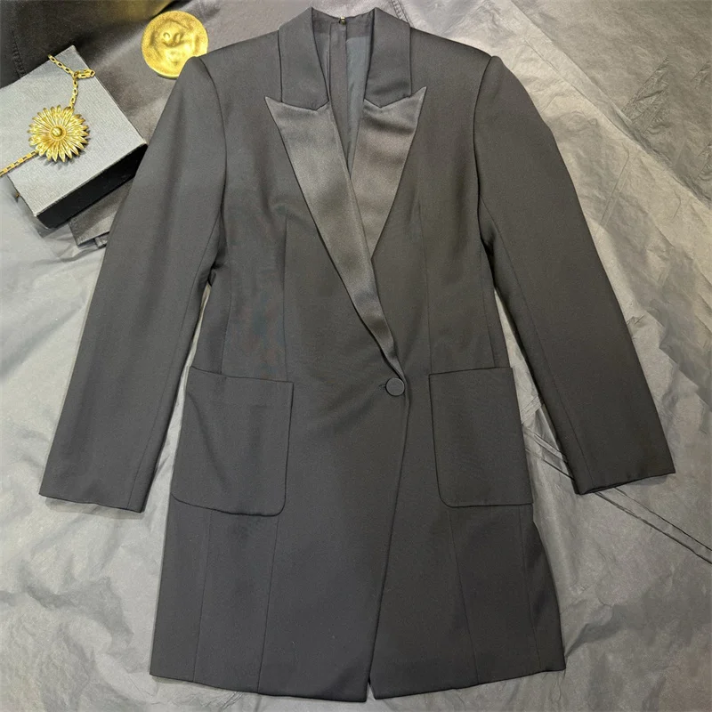 women's dress New single button slim fit mini dress for autumn 2026 Satin patchwork short dress Pocket decoration suit dress y2k