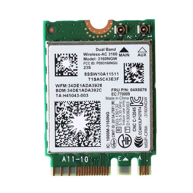 デュアルバンド ワイヤレスAC 3160 AC3160 802.11ac+BT 4.0 WiFiカード Yoga 3 500 E50 B51 B70 G40 G70 Z70シリーズ FRU 04X6076対応