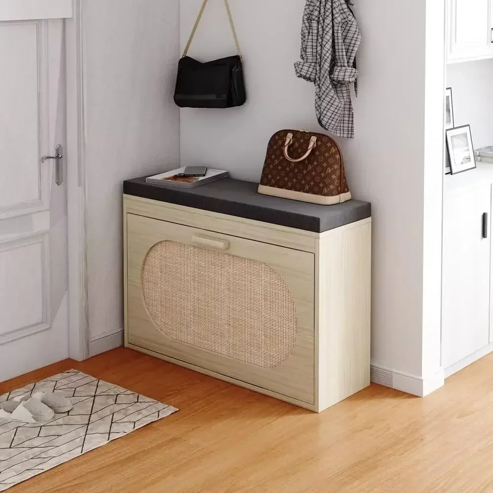 Shoe Organizer Rattan Design and Flip Drawer Free Standing Racks for Entryway