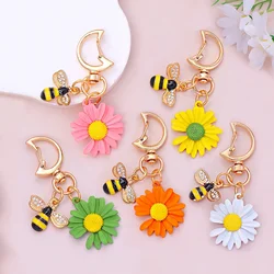 Fashion Rhinestone Bee Keyring resin Daisy Flower with Moon shaped Hook Keychains purse earphone case Ornaments women girl Gifts