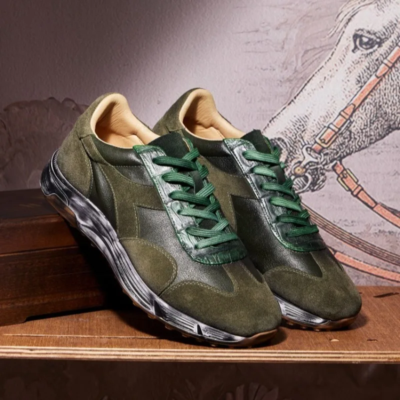 Trendy Men Patchwork Retro Suede Leather Sneakers Lace‑Up Cushioned Gum Rubber Sole Urban Street Daily Casual Jogging Footwear