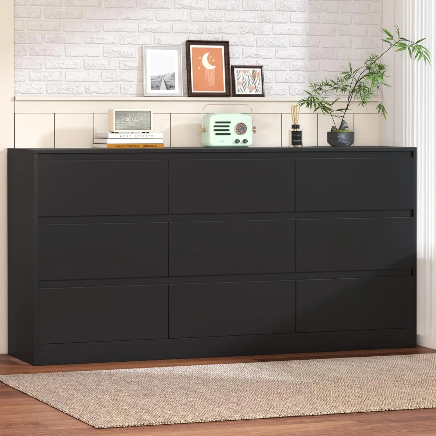 Greenvelly 9 Drawer Black Dresser for Bedroom,Modern Dresser for Bedroom,Wooden Dresser with Deep Drawers for Bedroom,Long Drawe