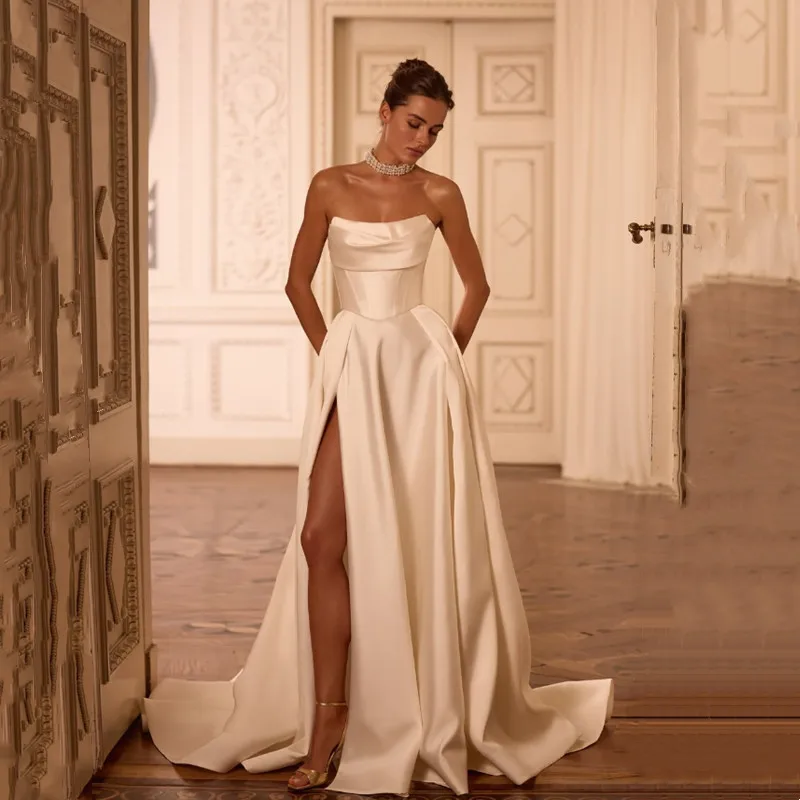 

Classic A Line Satin Wedding Dress Sleeveless Sexy High Side Slit 2025 Ball Gown Plain Strapless Backless Sweep Train Customized