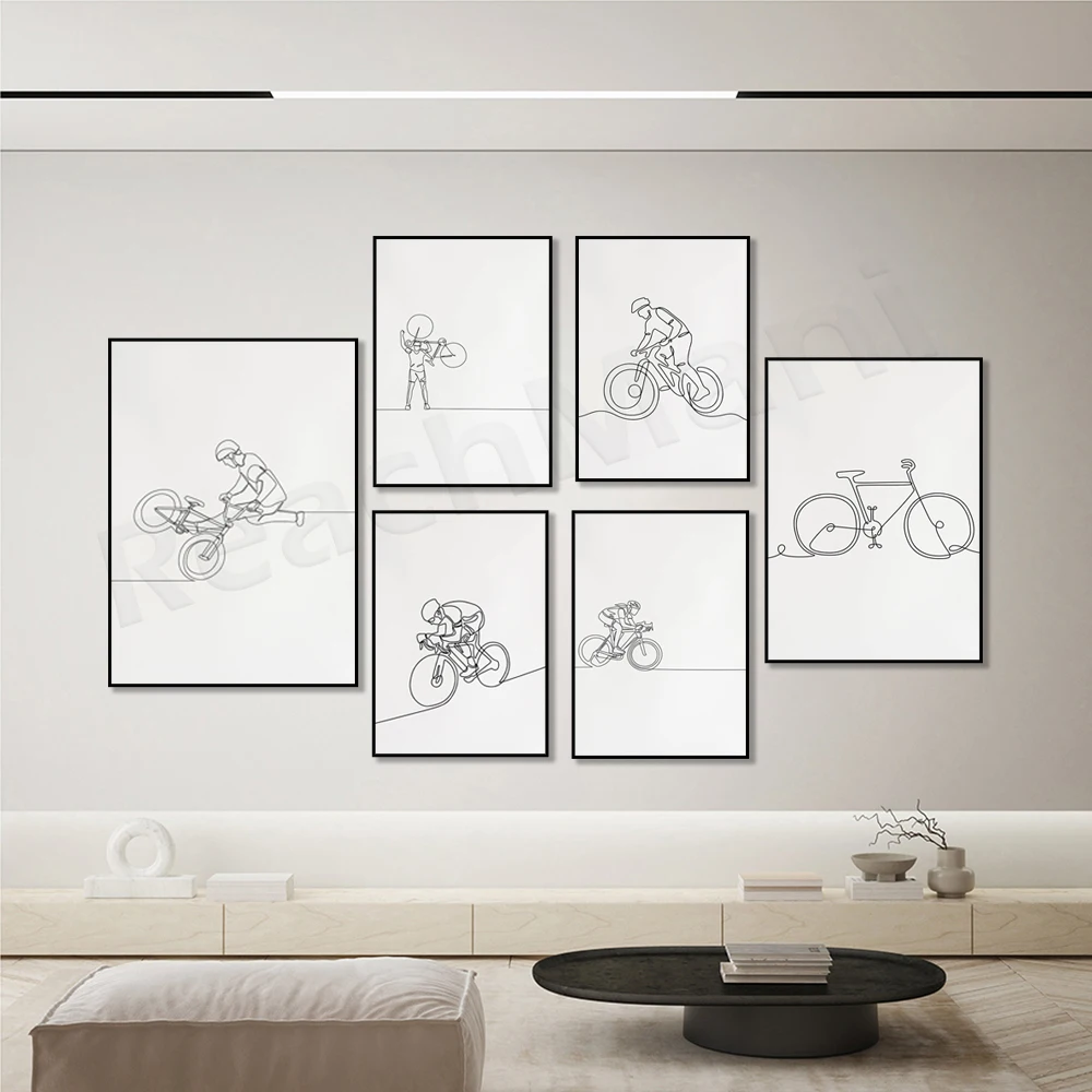 Arte de línea ciclista, líneas bmx, pared ciclista minimalista, impresión de bicicleta de montaña, deportes extremos imprimibles, cartel de bicicleta, atleta fitness
